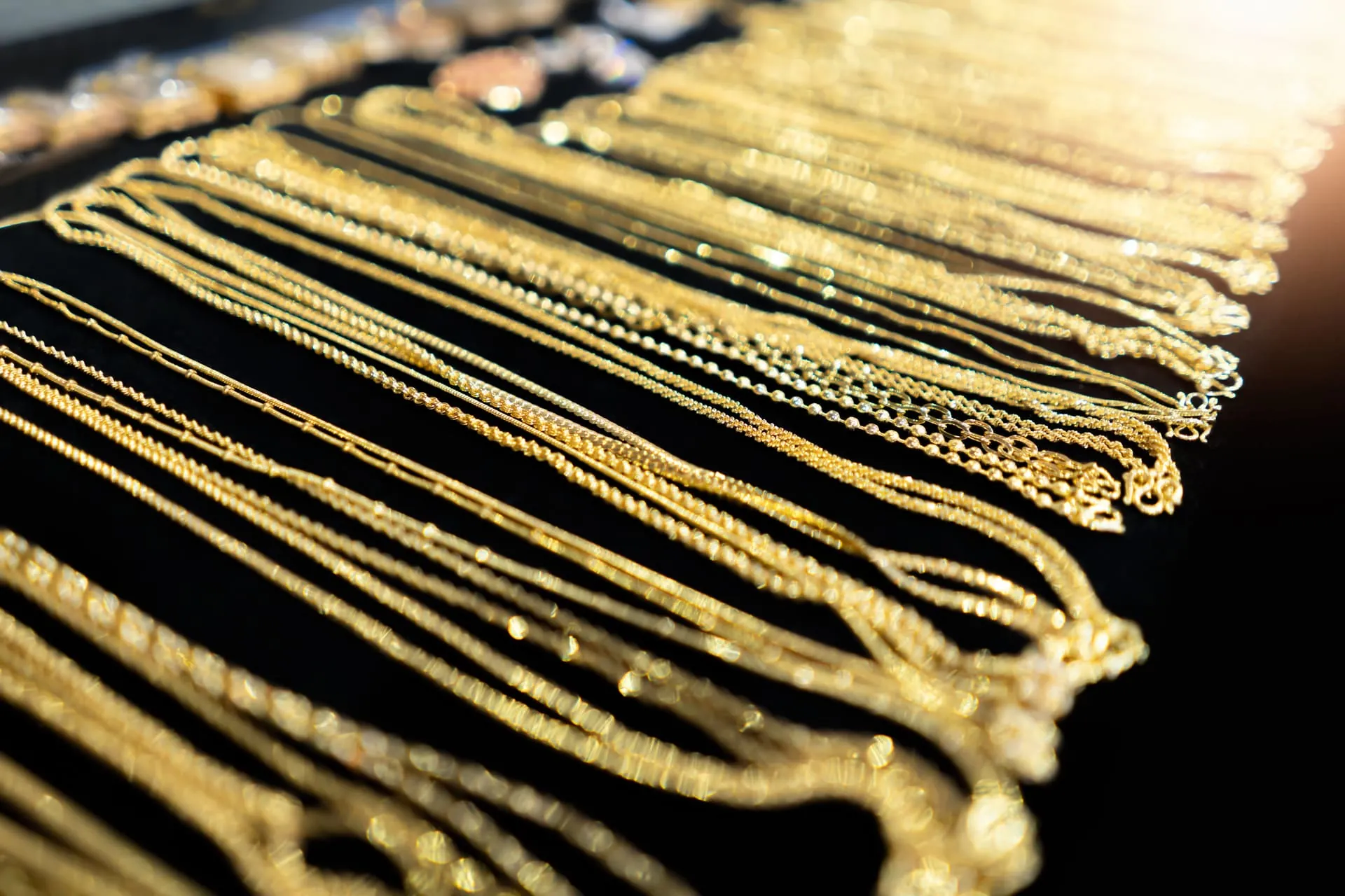 Gold chains in the display case at Don Pepes Loan & Jewelry Inc in Stockton