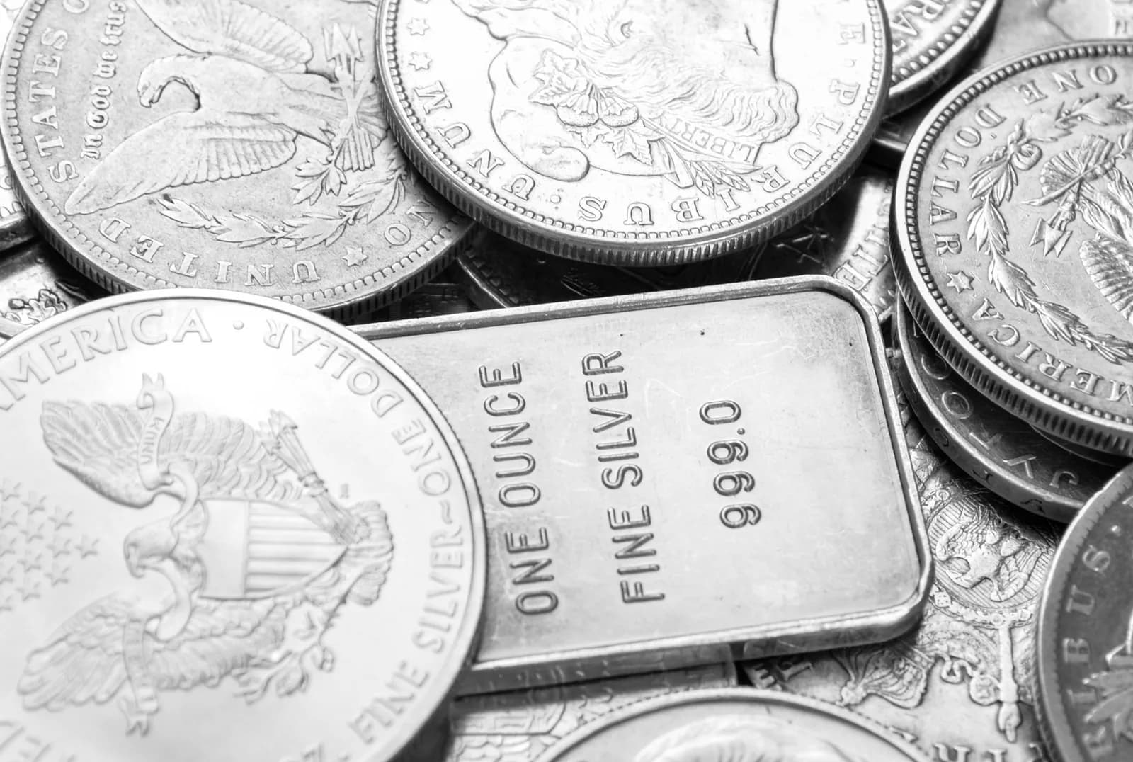 Silver coins, bars and bullion representing silver buying services at Don Pepes in Stockton